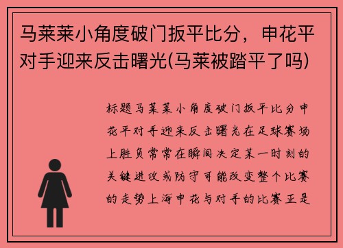 马莱莱小角度破门扳平比分，申花平对手迎来反击曙光(马莱被踏平了吗)