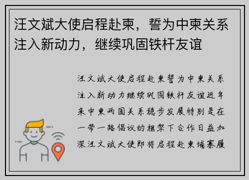 汪文斌大使启程赴柬，誓为中柬关系注入新动力，继续巩固铁杆友谊