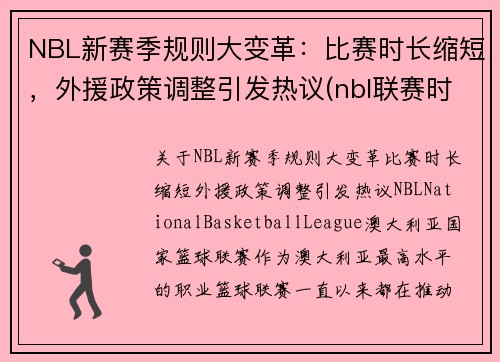 NBL新赛季规则大变革：比赛时长缩短，外援政策调整引发热议(nbl联赛时间)