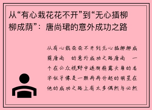 从“有心栽花花不开”到“无心插柳柳成荫”：唐尚珺的意外成功之路