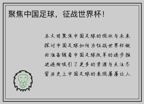 聚焦中国足球，征战世界杯！